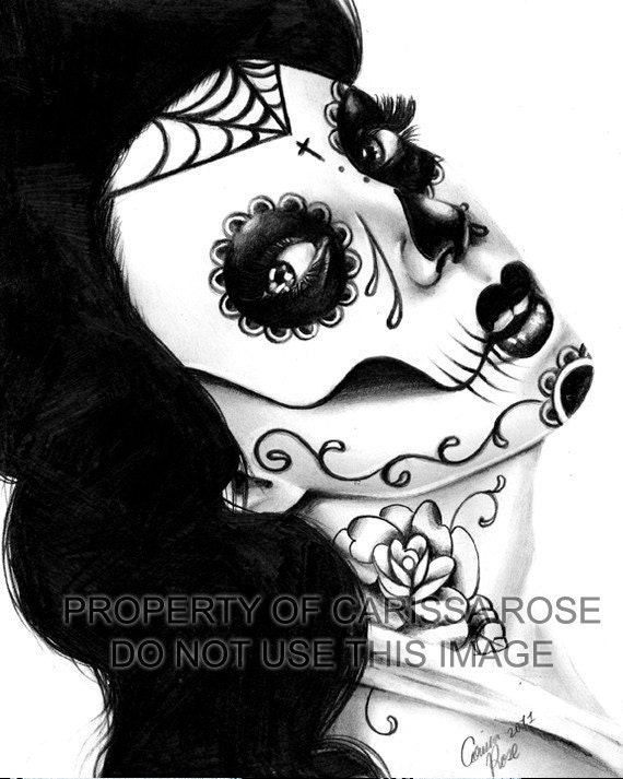 Day of the Dead Art Print Sugar Skull Girl Black and white drawing -Girl With the Neck Tattoo By Carissa Rose apprx 11x14