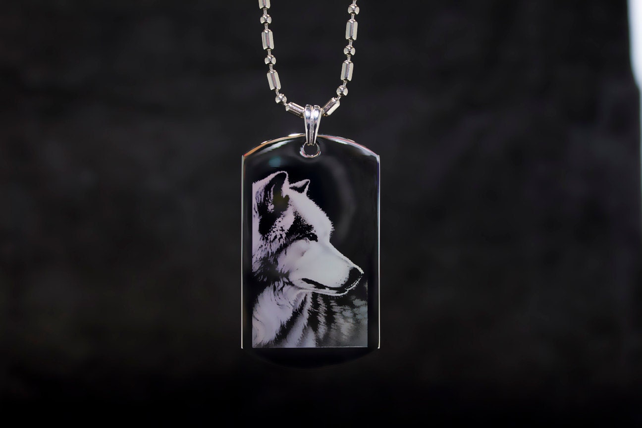 SALE Gray Wolf Etched Dog Tag Necklace