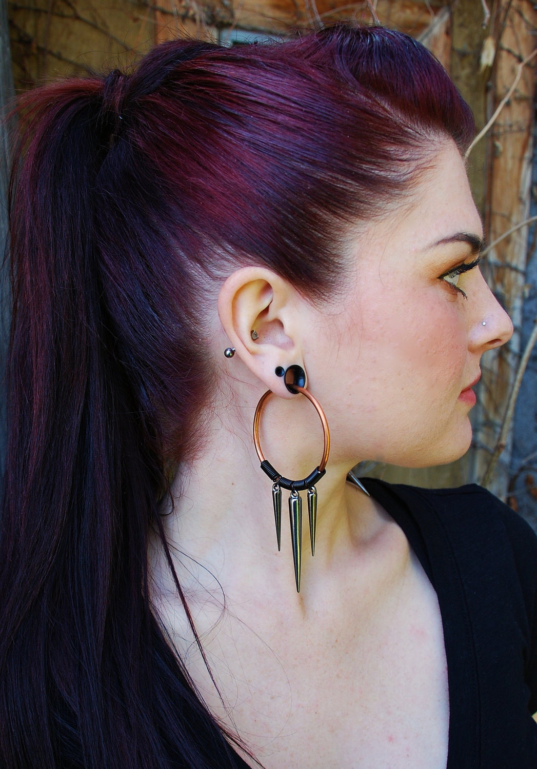 Coil Closure Copper Hoops with Gunmetal Spikes - Earrings for Stretched Lobes - Gauges