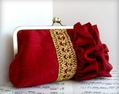 RESERVED. Red fashion, Wine red silk clutch purse, ruffled clutch with gold trim,
