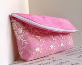 Pastel fashion pink silk foldover clutch purse zipper pouch with white lace.