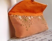 Tangerine orange silk foldover clutch purse zipper pouch with lace.