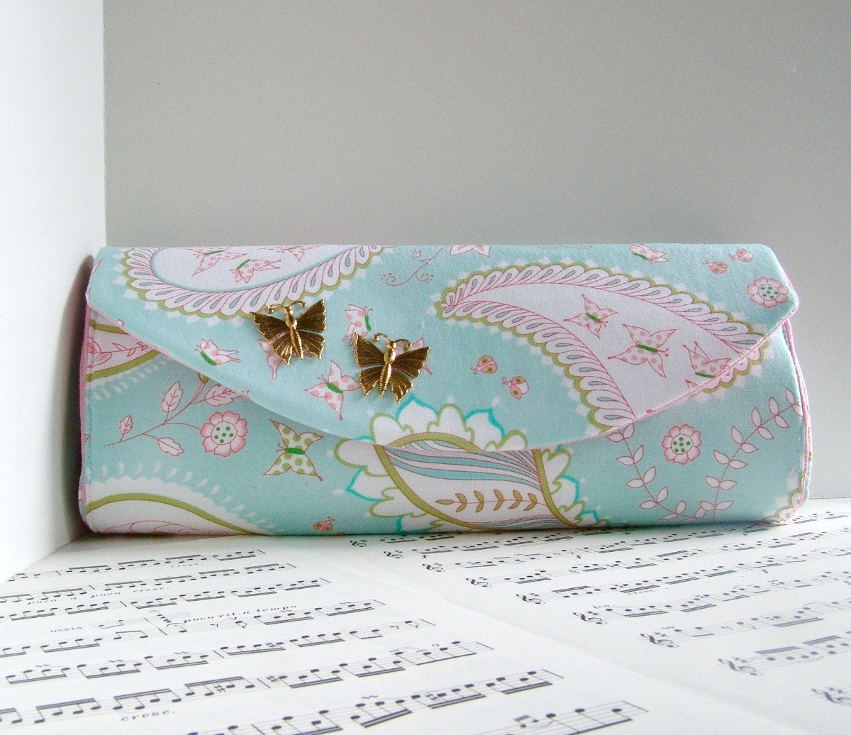 Light aqua butterfly and paisley clutch purse, Pastel blue clutch bag