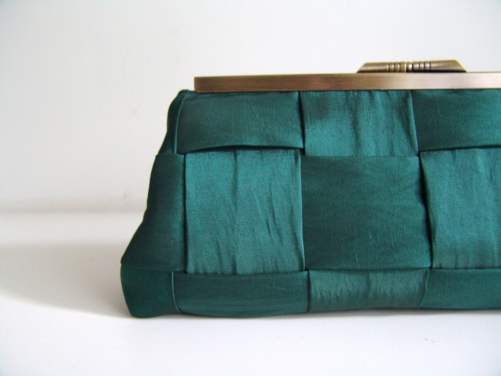 Handmade Clutch Purse in antique gold frame. Emerald Green woven taffeta. Made to Order.