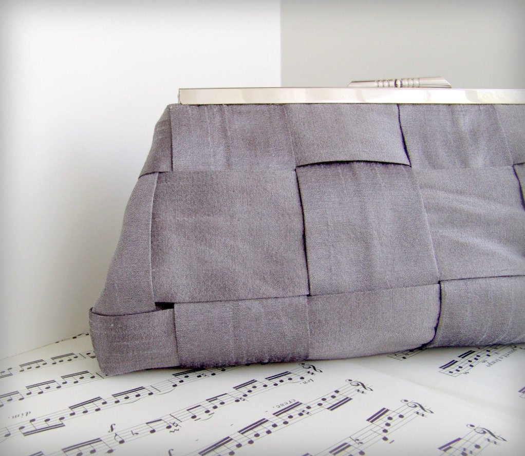 Framed Formal Clutch Purse. Platinum slate gray silk woven clutch bag. Made to order