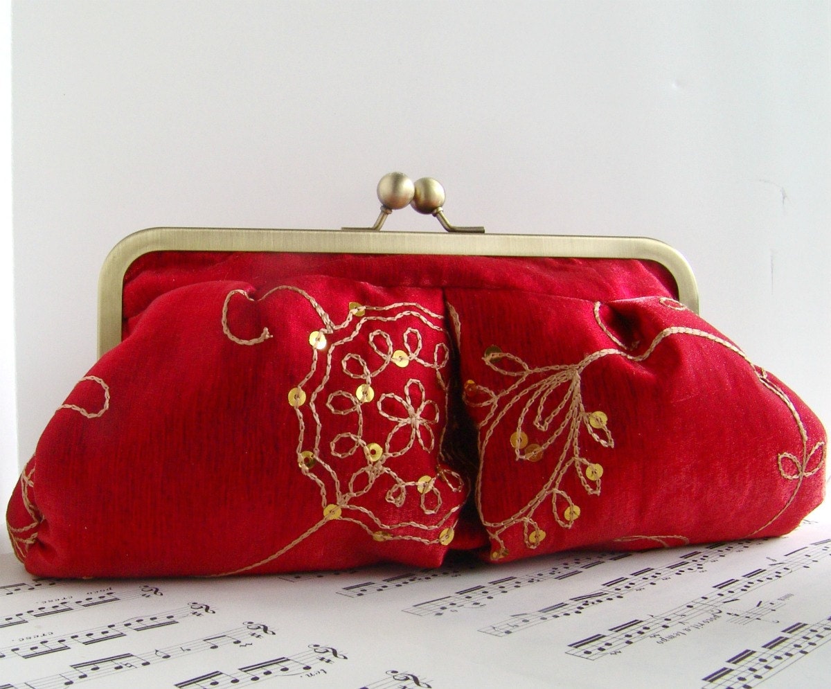 Bright red clutch purse evening bag with gold embroidery and sequins