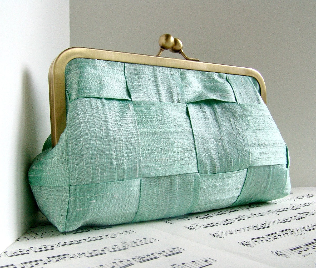 Mint green silk clutch purse, woven clutch bag, Spring fashion