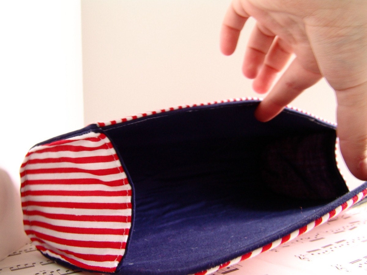 Nautical clutch purse with blue anchor cameo. Red and white stripes. Made to order