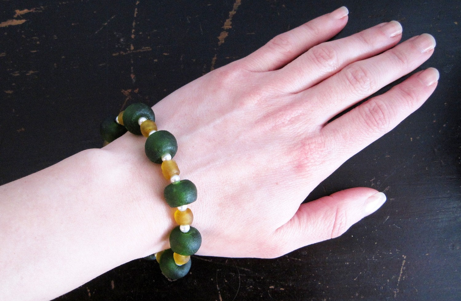 Recycled Glass Green and Amber Bracelet