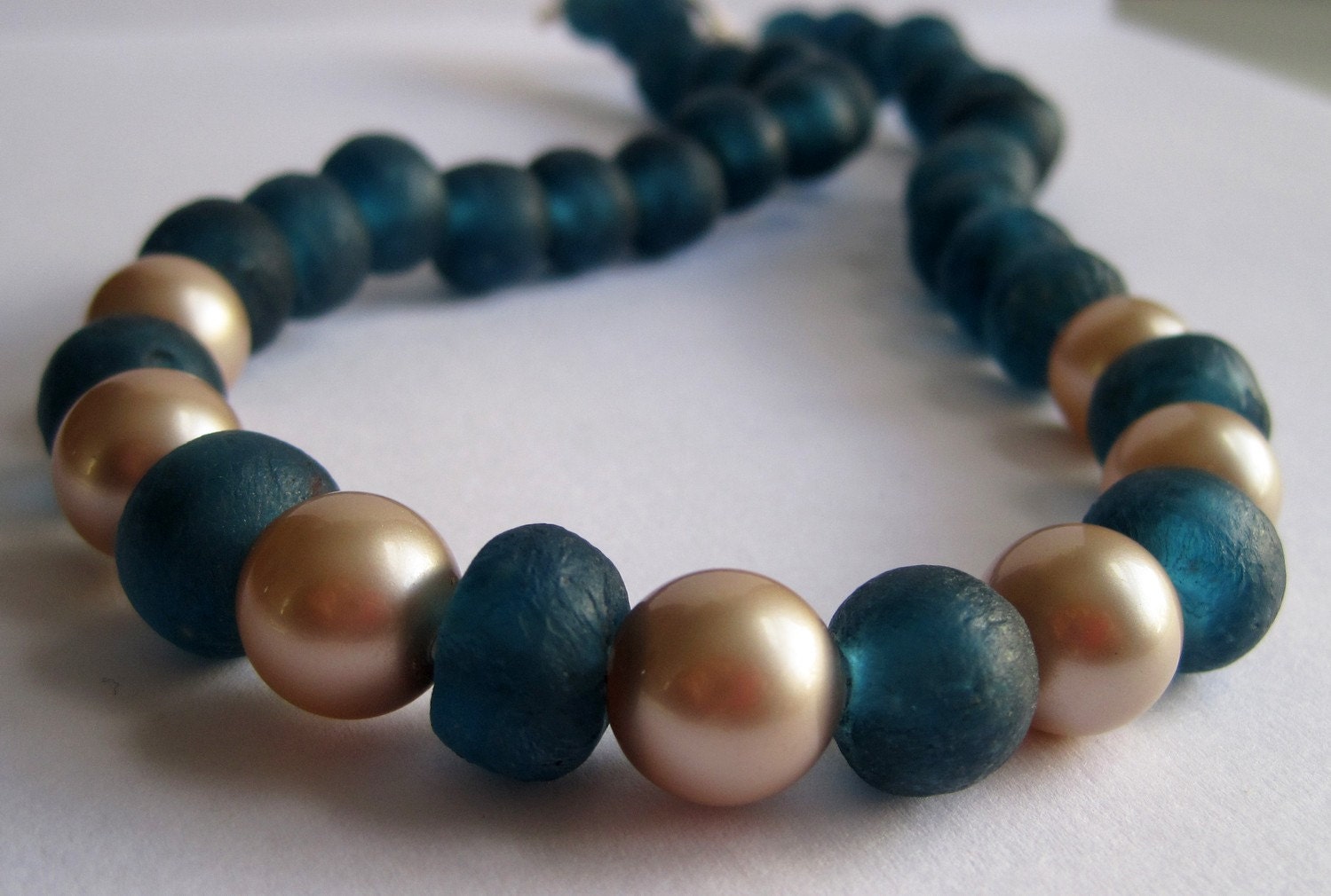 Ocean Blue Recycled Glass and Almond Pearl Necklace