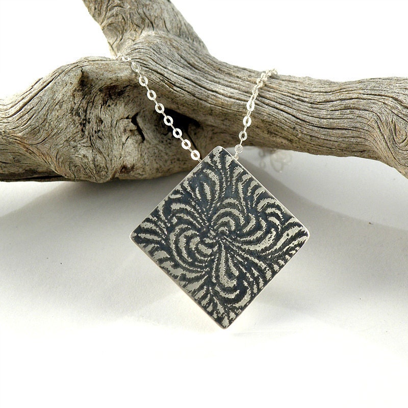 Abstract Flower Sterling Silver Necklace, Swirl Pendant, Gift For Her, Diamond Shape Necklace, Etched and Oxidized Silver Flower Necklace