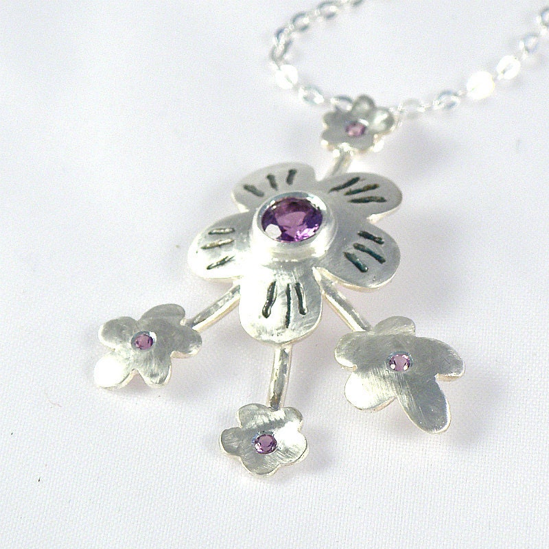 Amethyst Sterling Silver Necklace, Spring Blossom, Silver Flowers Necklace with Purple Amethyst, Gifts For Her