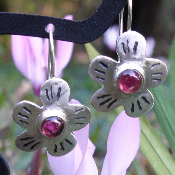 Pink Tourmaline Sterling Silver Earrings, Silver Flower Earrings ,Tourmaline Earrings, Gifts For Her, Nature Jewelry