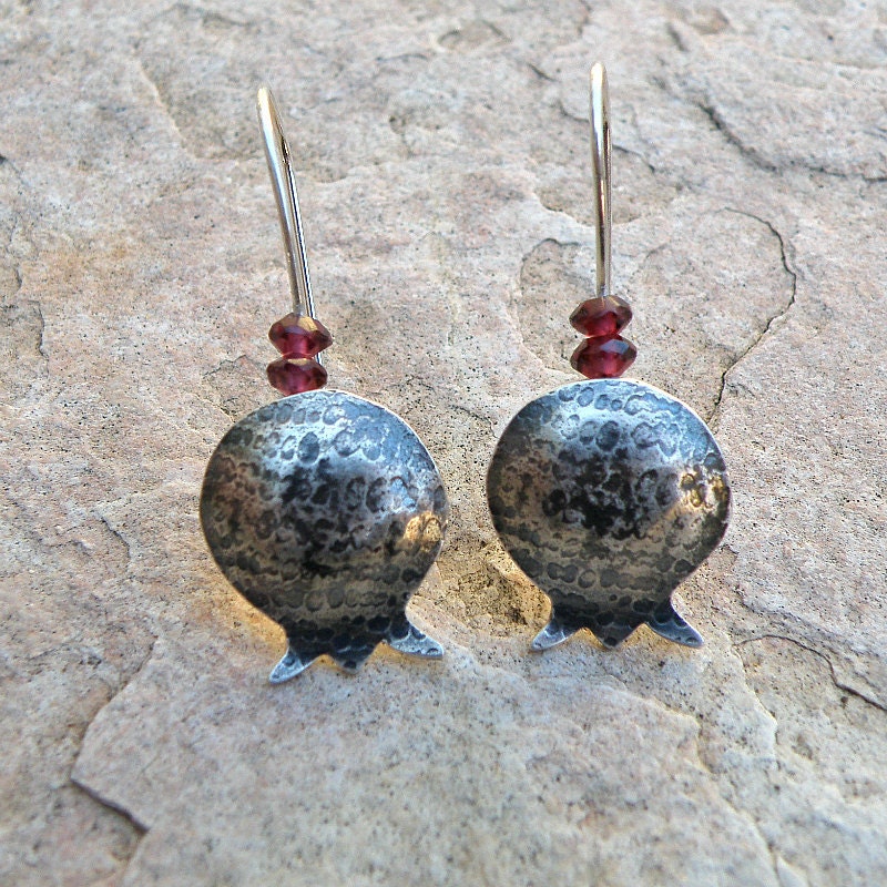 Pomegranate Sterling Silver Earrings, Garnet Earrings, Bat Mitzvah Jewelry, Pomegranate Earrings, Women Earrings