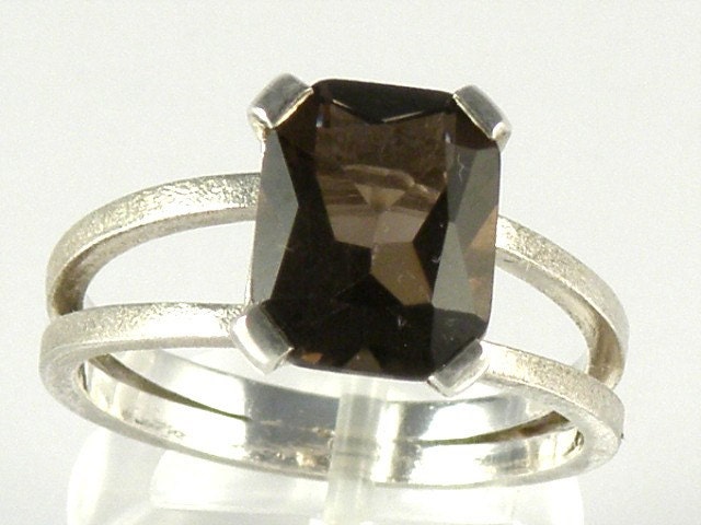 Smoky Quartz Sterling Silver Ring, Smoky Quartz Engagement Ring, Emerald Cut Brown Smoky Quartz Silver Ring, Faceted Gemstone Ring