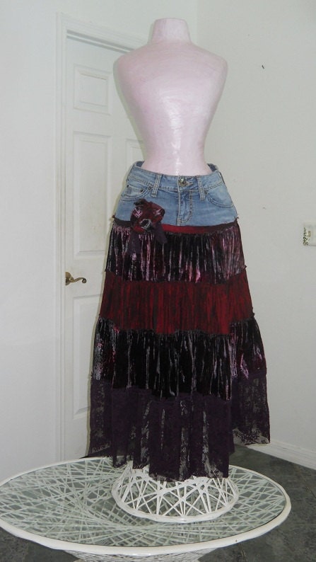 Cerise wild cherry bohemian jean skirt ruched velvet vintage purple lace burgundy red rose Renaissance Denim Couture