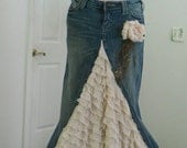 Belle Époque jean skirt creamy ruffled silk ultra femme beige ecru lacy bohemian beach goddess mermaid Renaissance Denim Couture