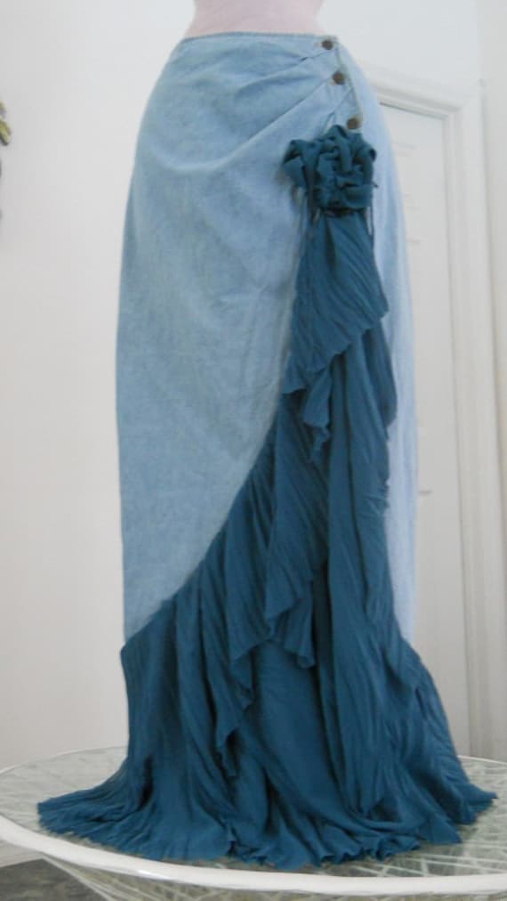 Cascade Bleue waterfall jean skirt teal silk cascading ruffle Renaissance Denim Couture turquoise blue bohemian sea goddess mermaid