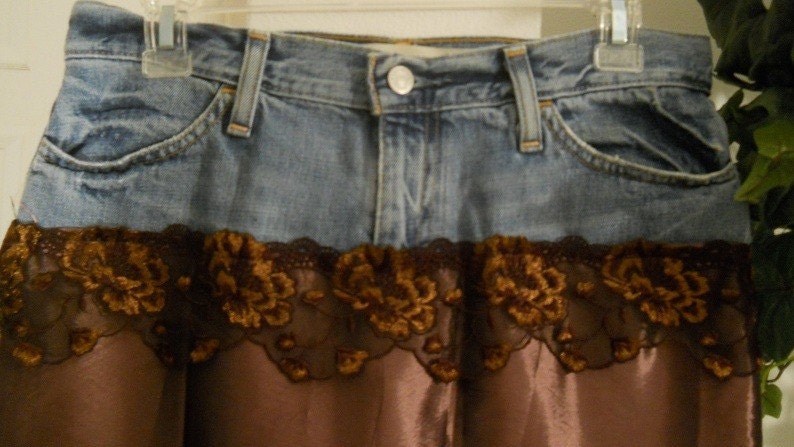 Rose du Bois bohemian jean skirt dark mauve rose shimmery copper silk mermaid goddess ballroom Renaissance Denim Couture
