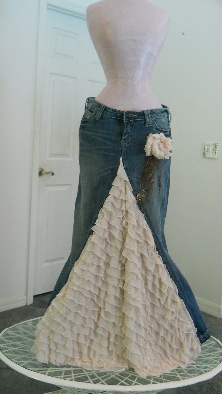 Belle Époque jean skirt creamy ruffled silk ultra femme beige ecru lacy bohemian beach goddess mermaid Renaissance Denim Couture