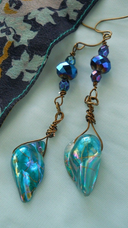 Minuit Turquoise earrings midnight blue sapphire crystal turquoise freshwater pearl baroque briolette bohemian beach goddess