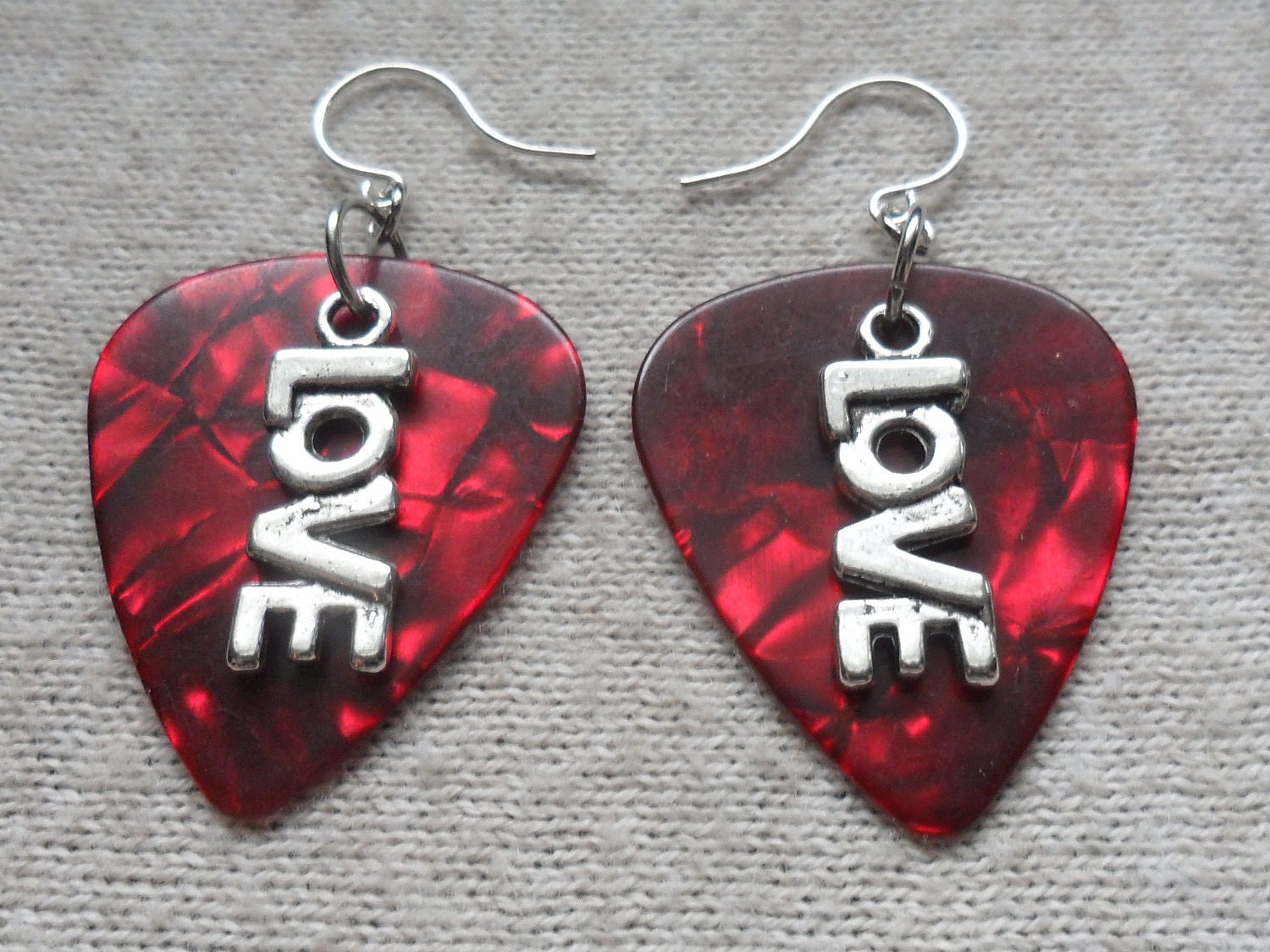SALE - was 8.50 - All You Need is Love - Red Guitar Pick Earrings