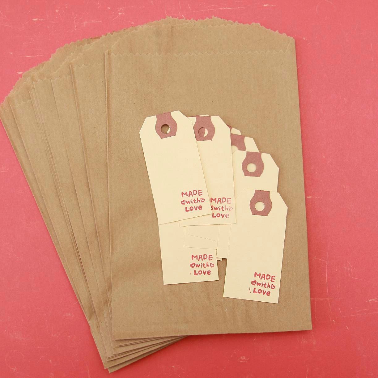 DIY Printable Treat Bag Crafting Kit . 10 Mini Hand Stamped Manila Shipping Tags and 10 Kraft Brown Bags // Gift Packaging . Made With Love