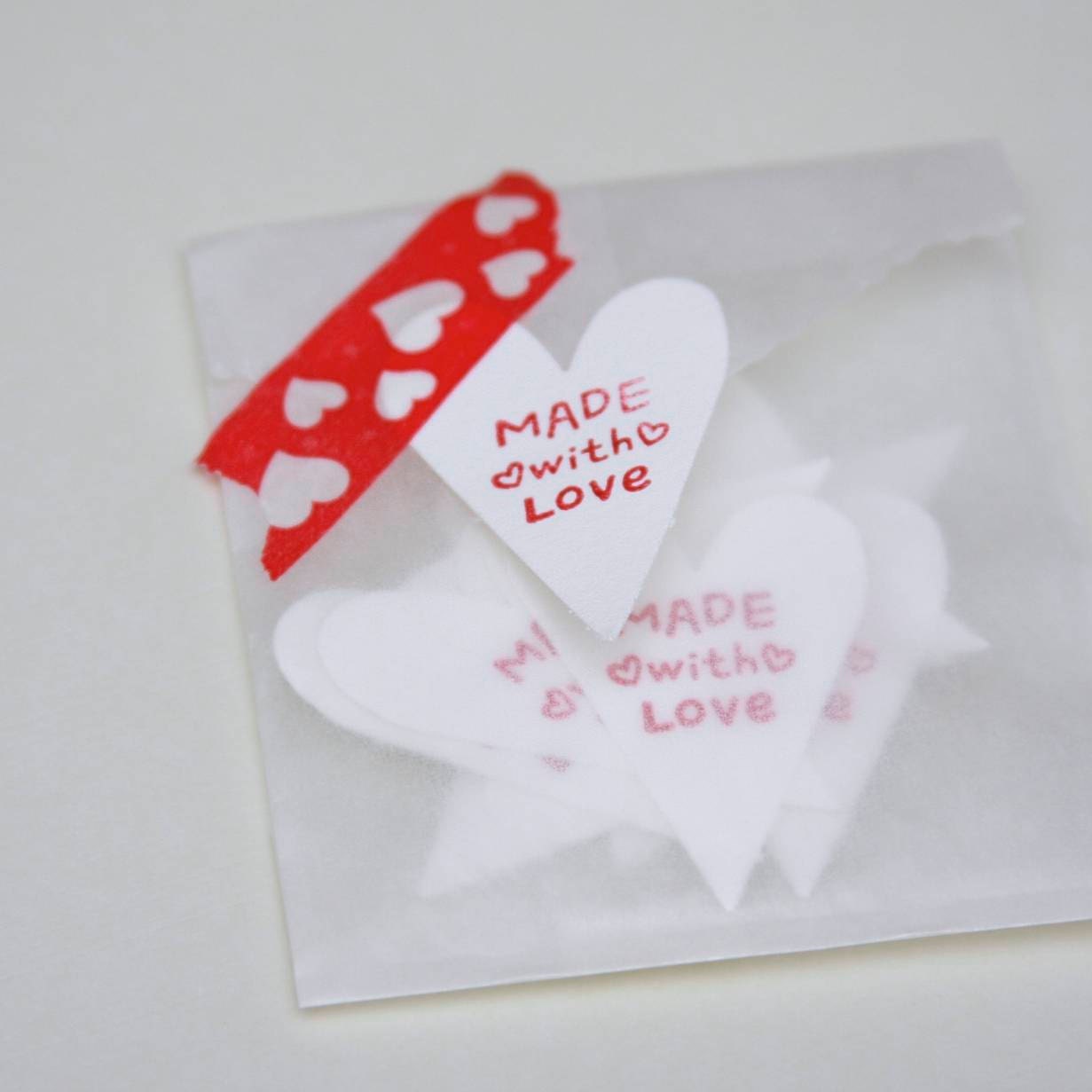 10 White Heart Shaped Hand Stamped Hearts . Made with Love . Scrapbook Journaling Spots . Altered Art . Gift Wrap Packaging