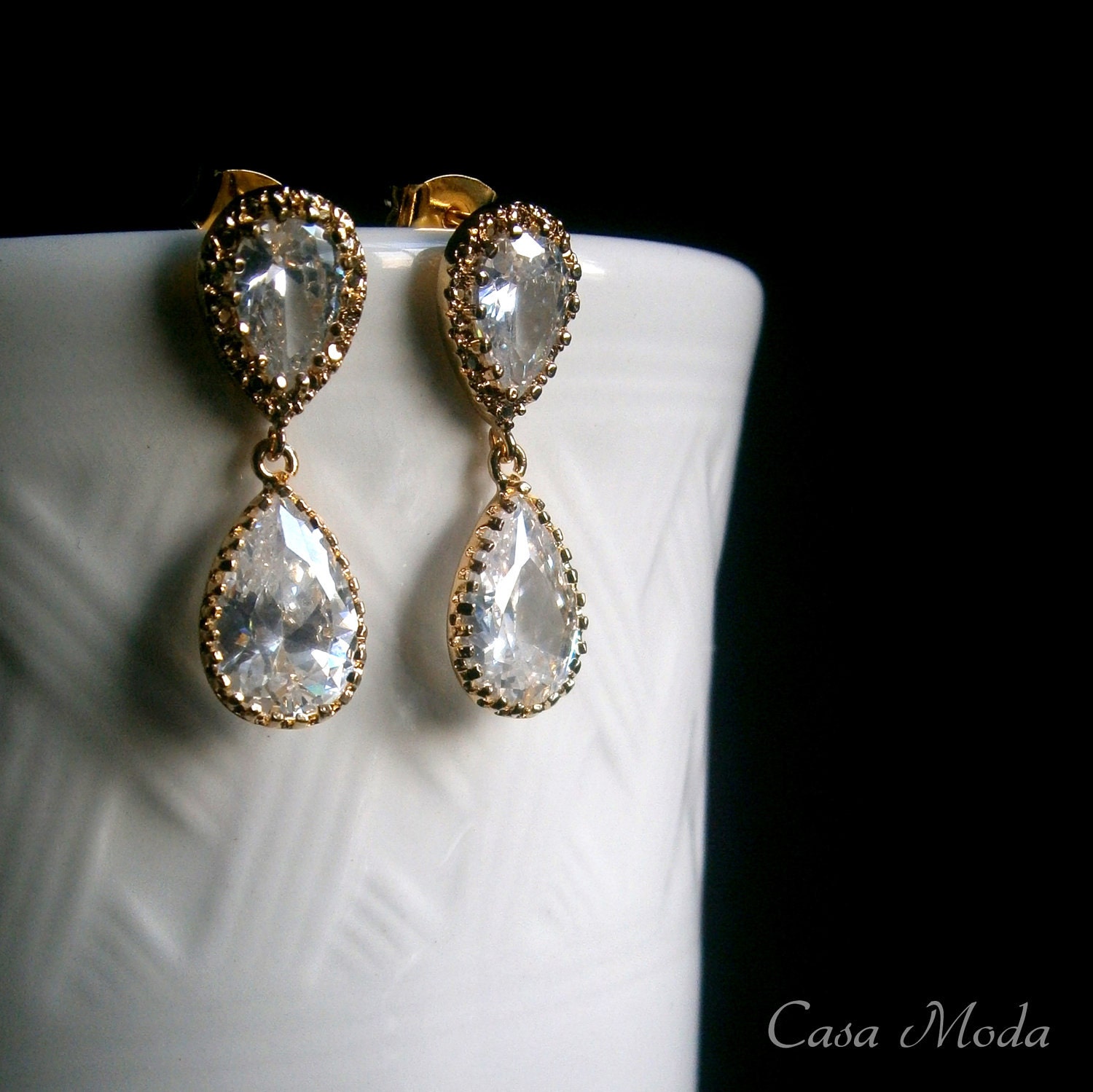 Bridal Crystal Earrings In Gold Settings With Cubic Zirconia