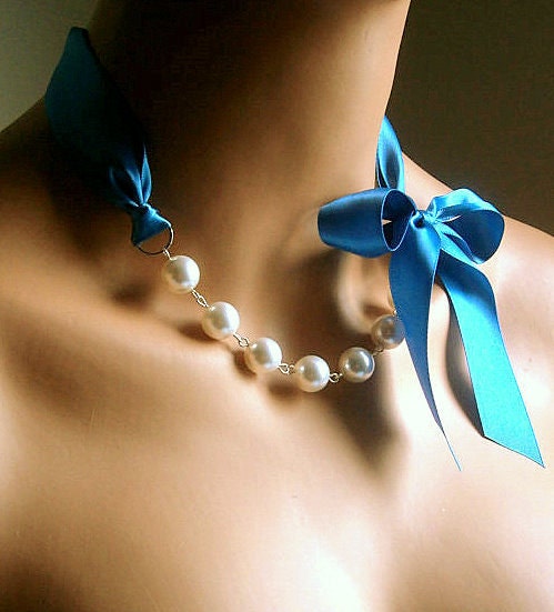 Pearl Necklace Something Blue Shabby Chic Weddings White Swarovski Crystal Pearls And Antique Blue Satin Ribbon Necklace