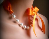 Pearl and Ribbon Necklace With Swarovski Crystal Cream Pearls and Tangerine Satin Ribbon