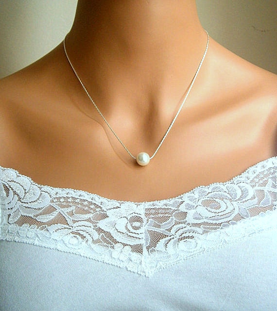 Floating Pearl Necklace In Silver Chain With 10mm White Swarovski Crystal Pearl 18 Inches