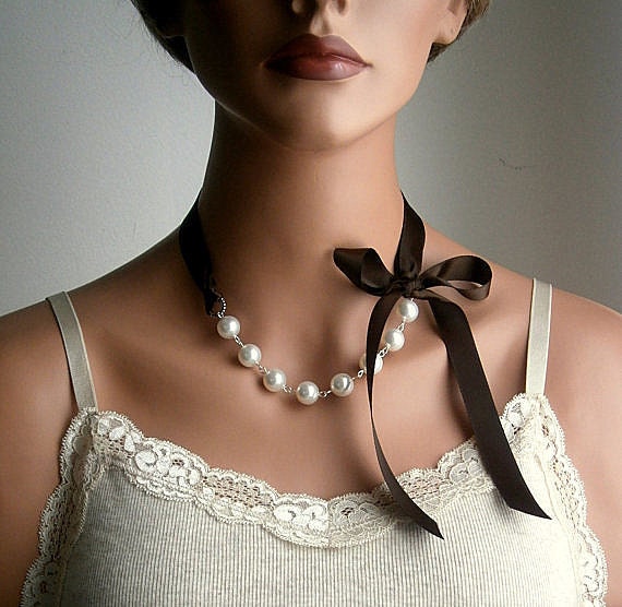Pearl And Ribbon Necklace With Swarovski Crystal White Pearls And Chocolate Satin Ribbon 19 Inches ON VACATION