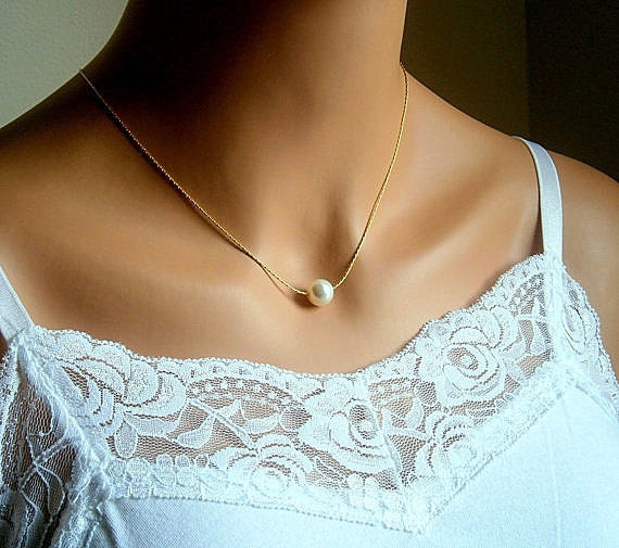 Floating Pearl Necklace In Gold Chain With 10mm White Swarovski ...