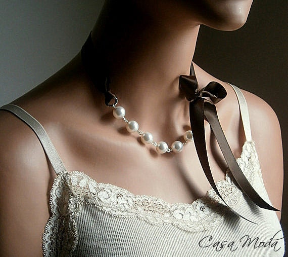 Pearl And Ribbon Necklace With Swarovski Crystal White Pearls And Chocolate Satin Ribbon 19 Inches ON VACATION