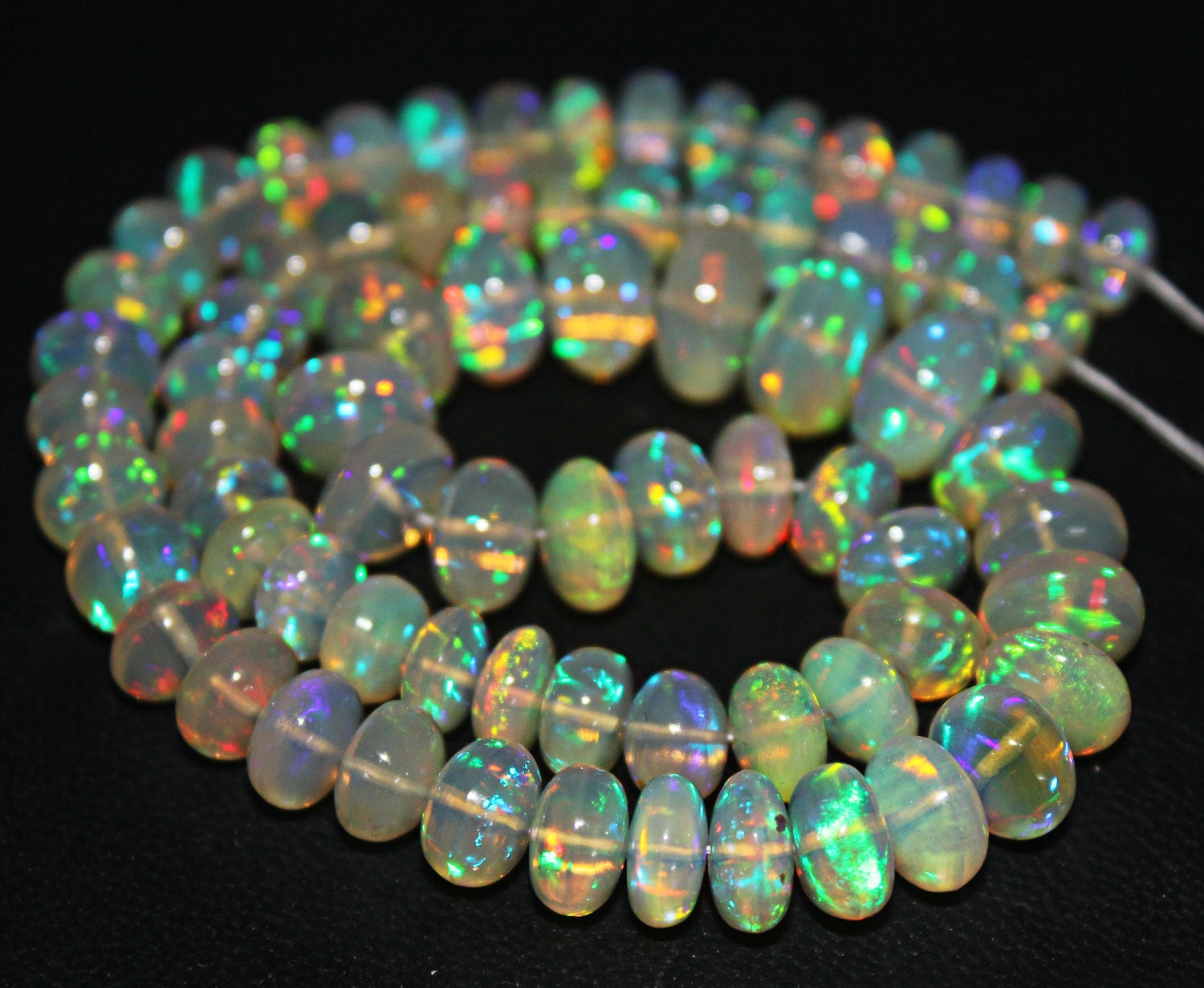 14 Inches - 6-9mm - 70.5 cts - Best Natural Blue Green Red Fire Welo Ethiopian Opal Smooth Roundel Beads Strand - JE801