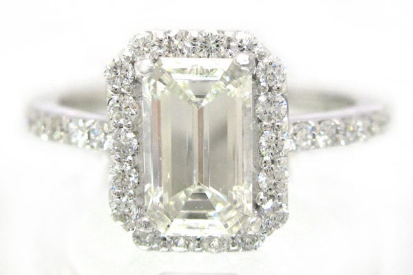 Emerald cut diamond engagement ring 14K white gold prong set  art deco 1.60ctw