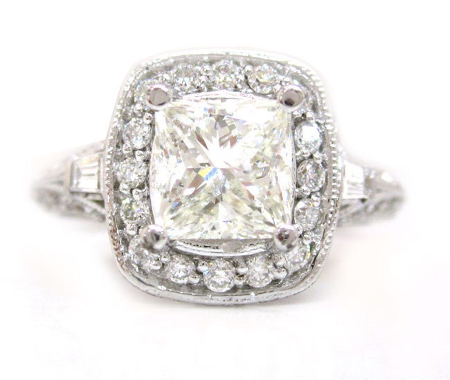 14k white gold princess cut diamond engagement ring antique style 2.30ctw