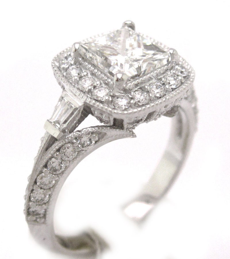 Princess cut diamond engagement ring antique style 1.78ctw