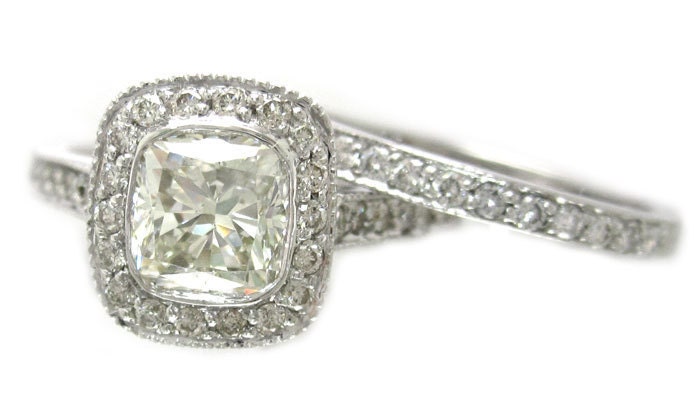14k white gold cushion cut diamond engagement ring and band 1.88ctw