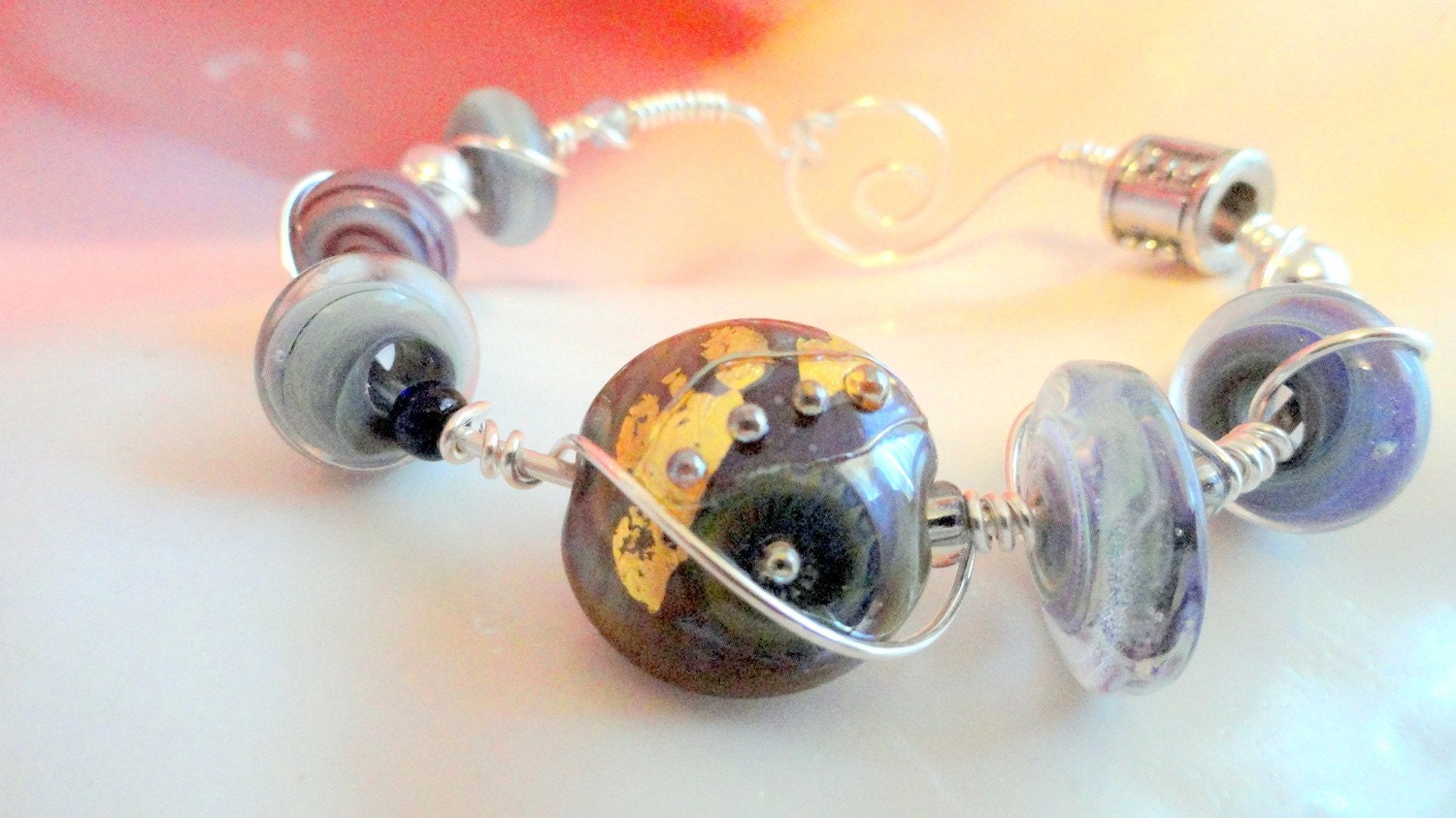 Bracelet Lavender and Gray Debbie Sanders focal bead  sterling silver wire wrapped