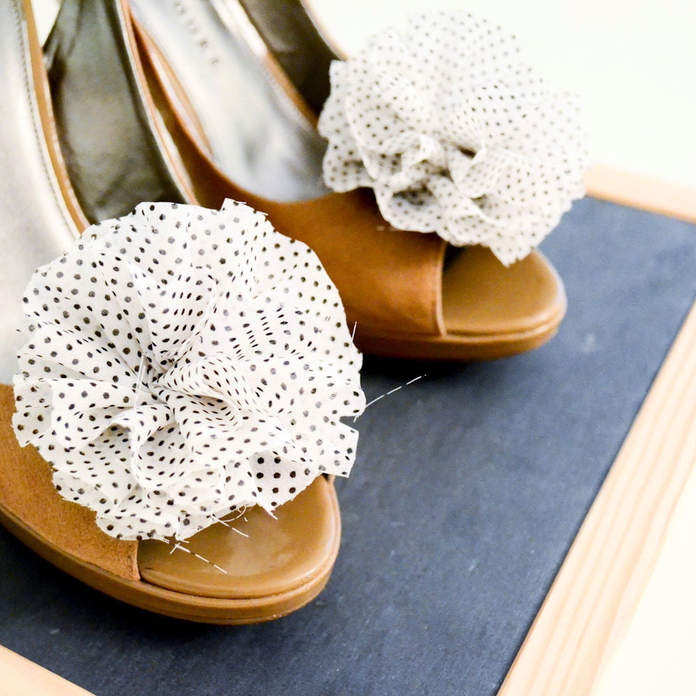 Fabric Flower Shoe Clip - Black and White Polka Dot Ruffle