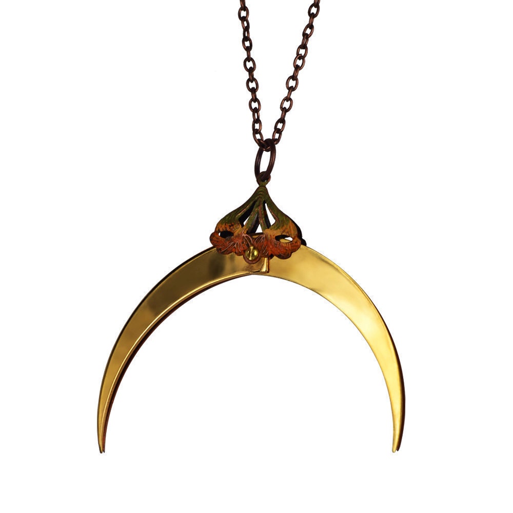 Oriental Crescent Moon - Haute Gothic Jewelry - Fatale Pendant - Gold Plated - Antiqued Filigrees and Brass Screws - Free Shipping