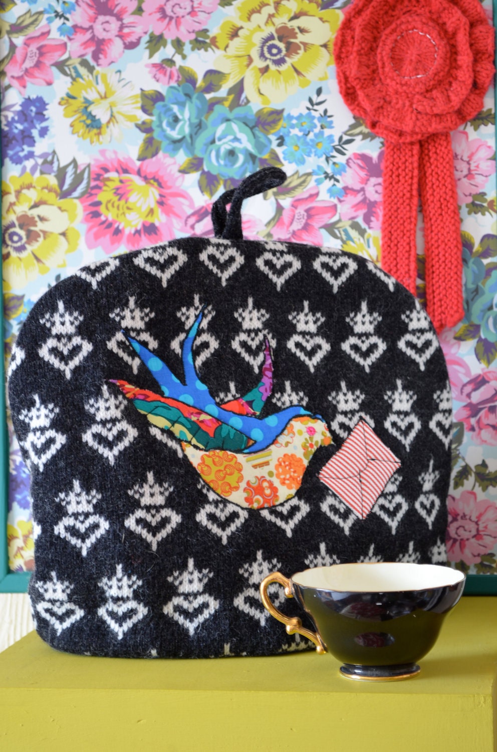 Nervous Stitch Vintage Swallow Tattoo Style Tea Pot Cozy/ Cosy