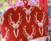 Knitted Scottish Stag Deer Head Tea Cozy/ Cosy Red White