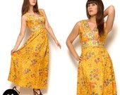 Vintage 60s Golden Yellow Floral Hippie Maxi Dress Size M Medium 6 8