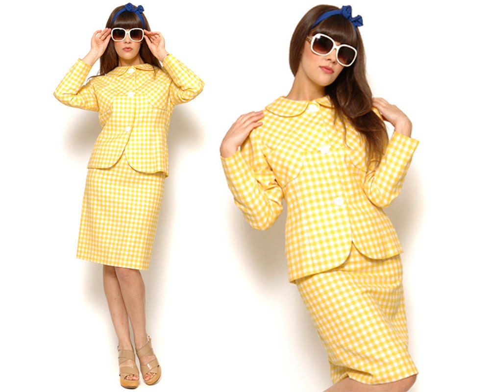 60s Suit Blazer and Pencil Skirt Yellow Gingham Two Piece Outfit Co-Ord 1960s Mad Men Jackie O / Size M Medium