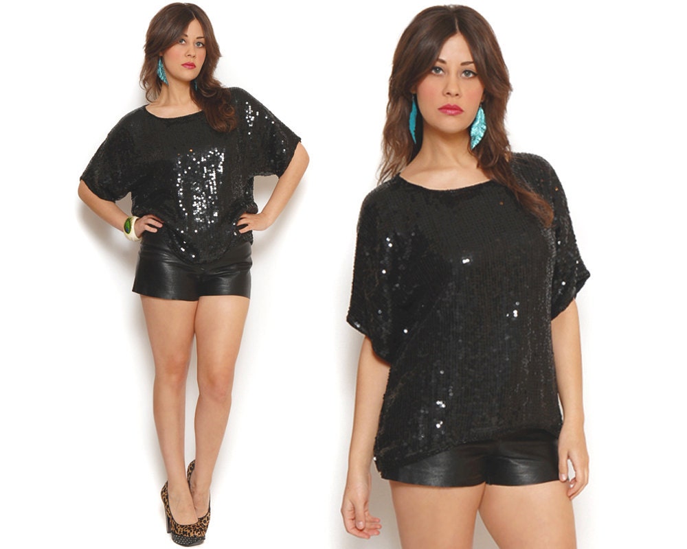 80s Black Sequin Top Sparkle Oversize Slouchy Party Blouse / Hipster Glam / Size M L Medium Large