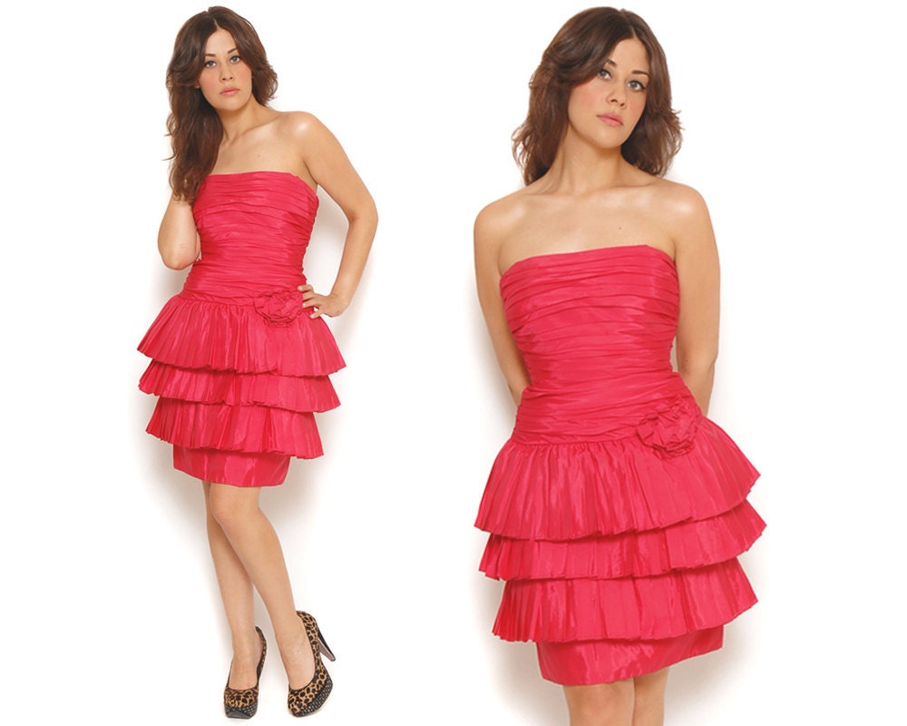 80s Prom Dress Magenta Pink Ruffle Pleated Cupcake Party Dress Strapless Ruched Drop Waist Tiered Tutu / Glam Hipster /Size S Small
