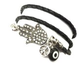 Leather Wrap Bracelet with Hamsa, Peace Sign, and Evil Eye,yoga jewelry,wrapped ,wrapping bracelet,wrapped, wrapping, wrap around,wrist wra